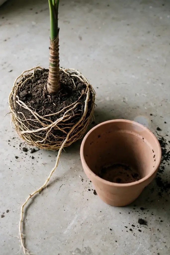Root-bound betel nut palm root ball beside a one-size-larger empty pot