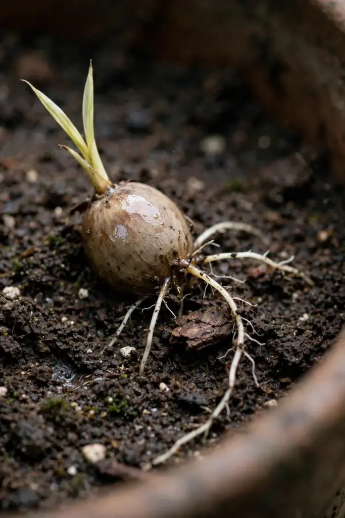 Betel nut palm seed sprouting with a first forked leaf in moist mix