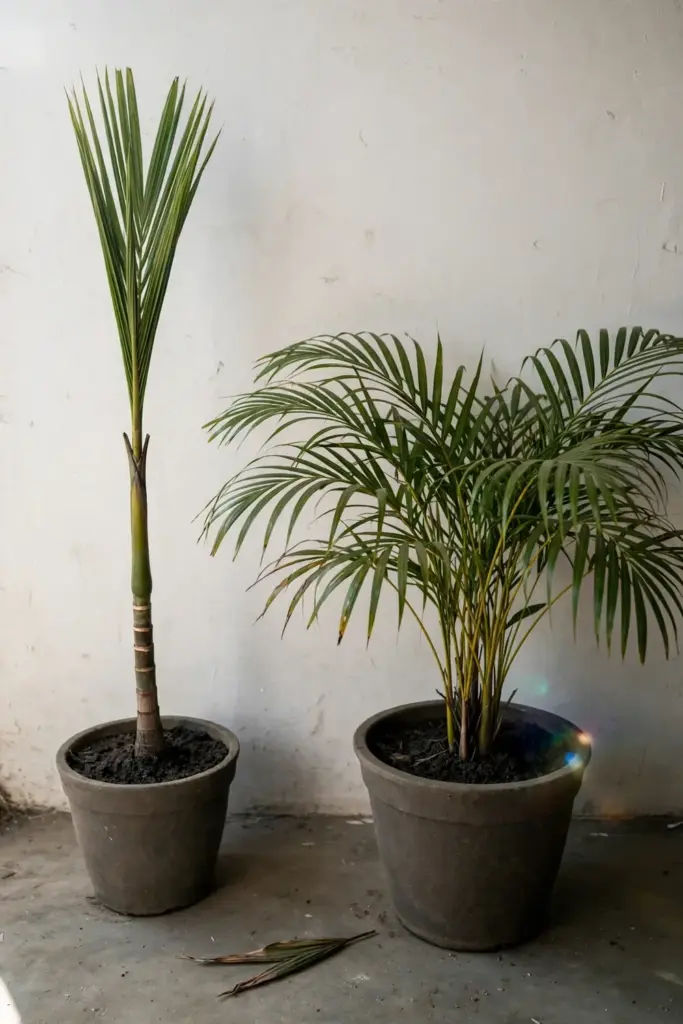 Single-stemmed betel nut palm beside a multi-stemmed clumping palm in pots