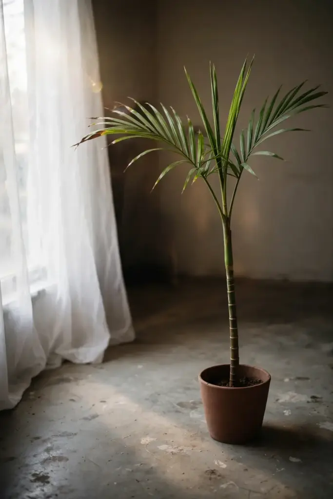 Established potted betel nut palm beside a bright window with a sheer curtain