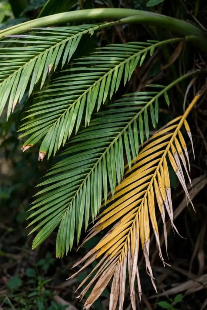 One yellowing oldest frond beside green fronds on a betel nut palm