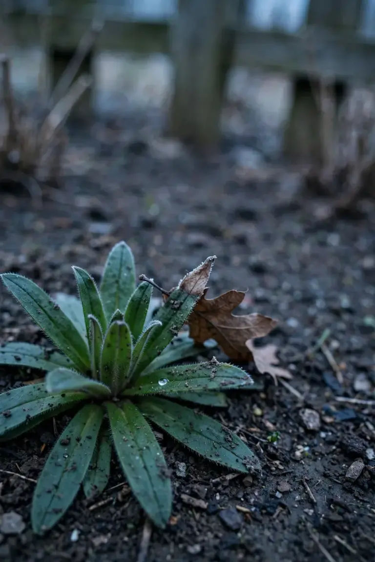Low rosette of hairy forget-me-not leaves overwintering in a garden bed