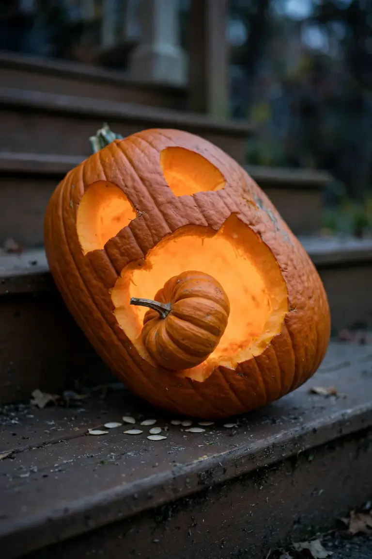 Big carved pumpkin with a huge open mouth and a mini pumpkin wedged halfway into its jaws