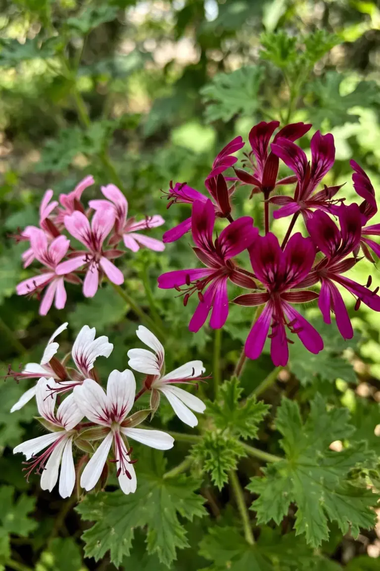 Magenta, pink, and white bigroot geranium flowers in one bed