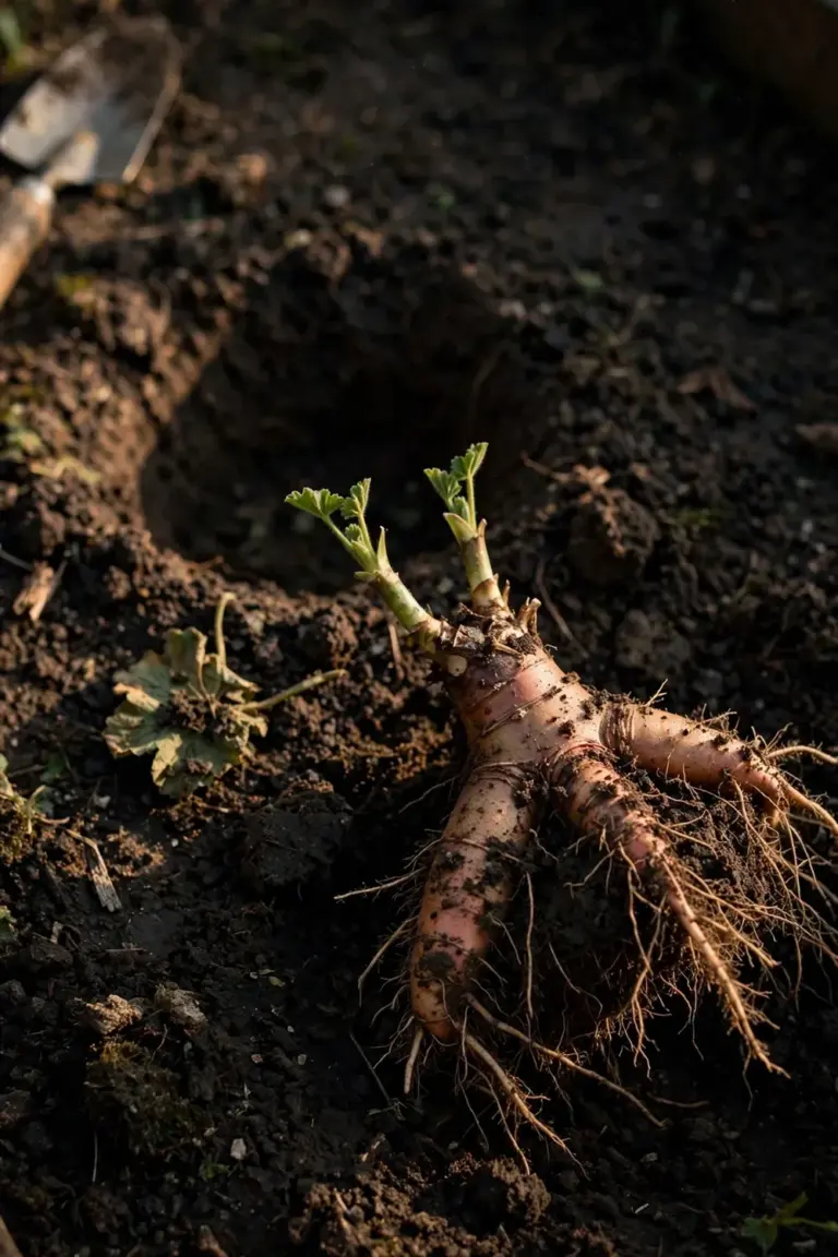 Divided bigroot geranium rhizome clump with roots on soil