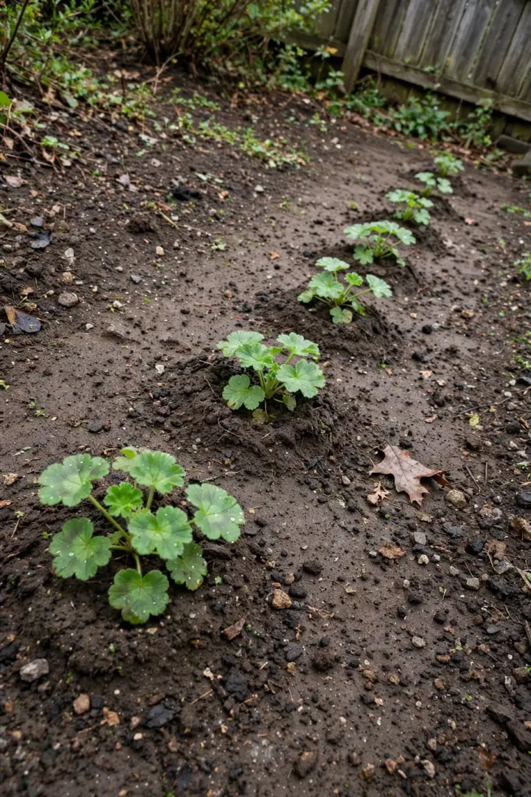Young bigroot geranium plants spaced in a row on dark soil