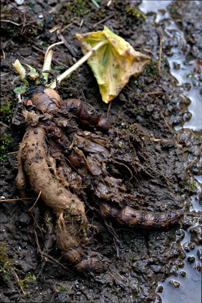 Rotted bigroot geranium rhizome in waterlogged dark soil