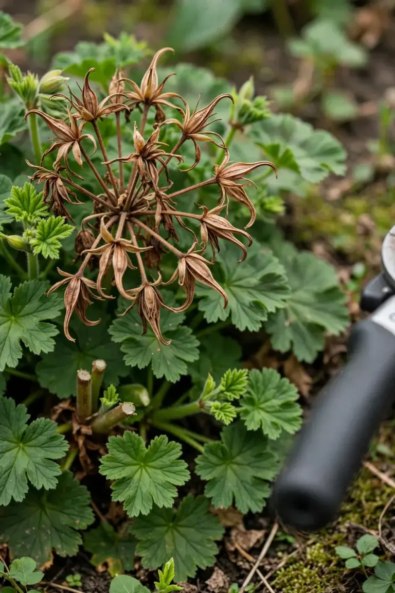 Spent bigroot geranium flower stems among green foliage