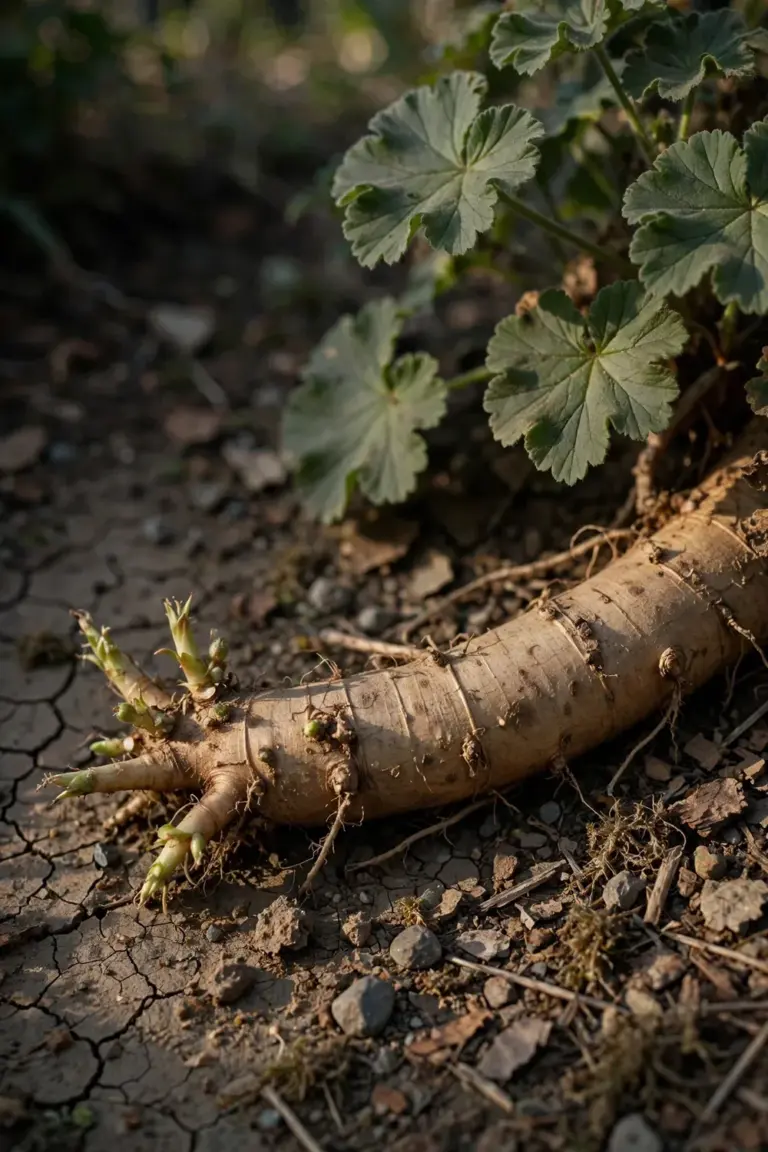 Thick fleshy rhizome of bigroot geranium at soil level