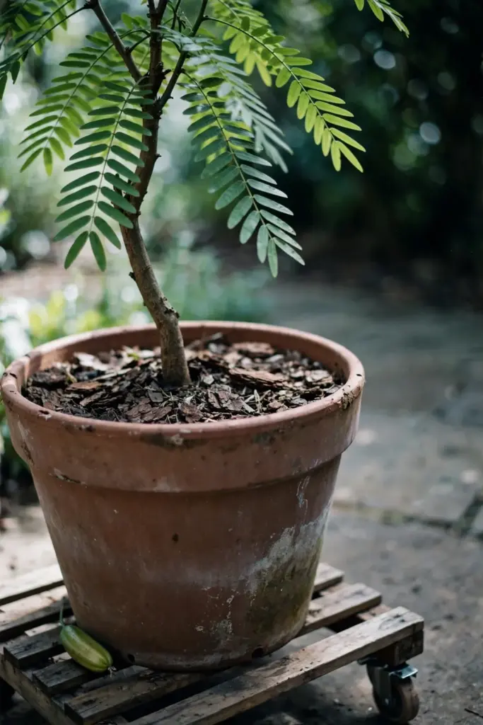 Bilimbi tree in a large 20-gallon pot on a wheeled dolly on a patio