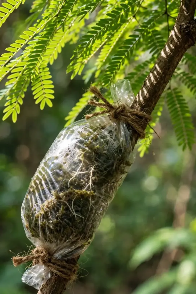 Moss-wrapped air layer on a bilimbi branch tied with twine