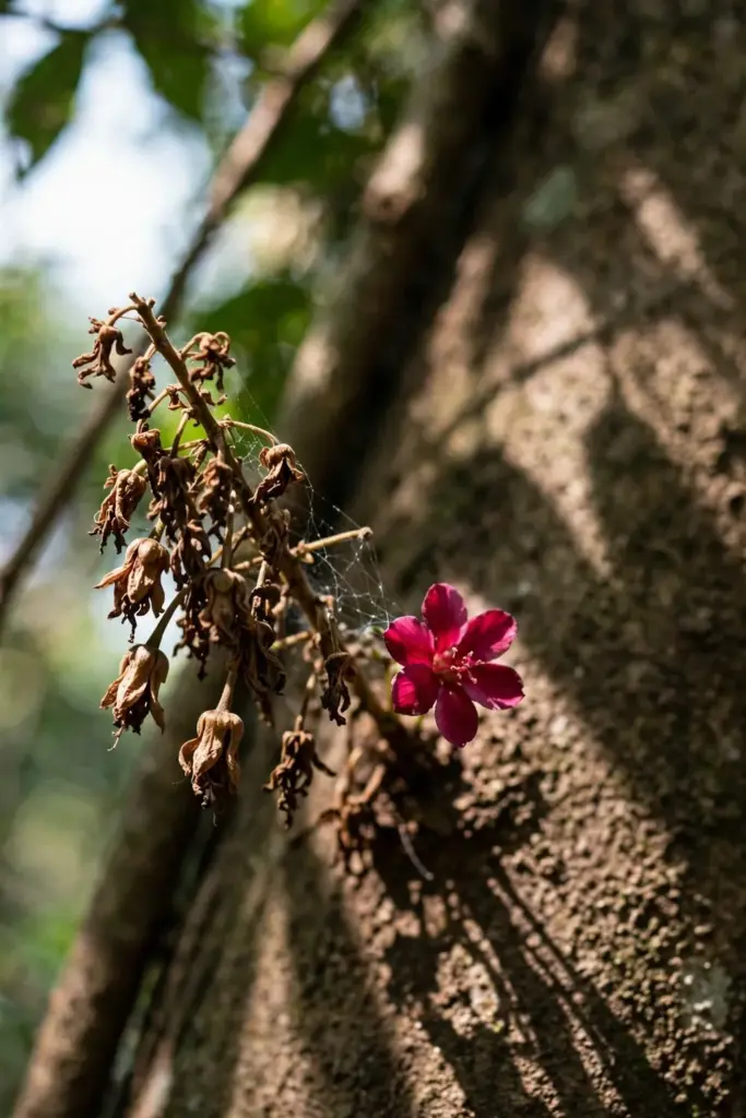 Browned collapsed bilimbi flower panicle on the trunk
