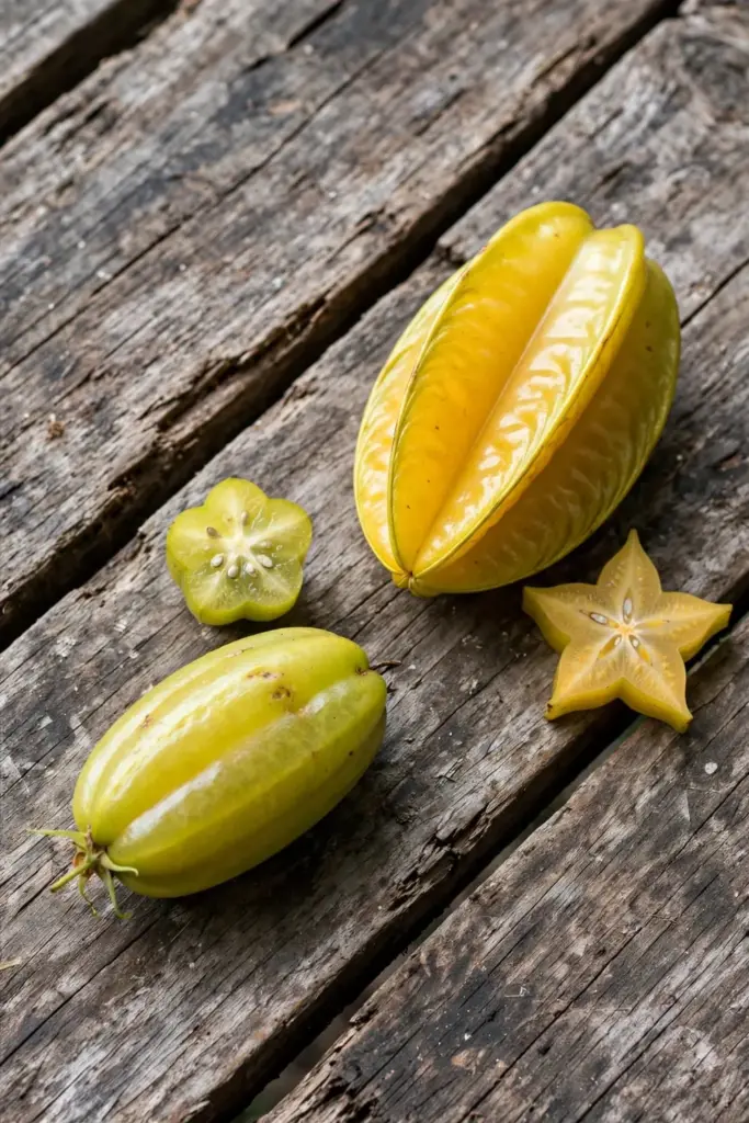Bilimbi fruit beside star-ribbed carambola fruit on wooden boards