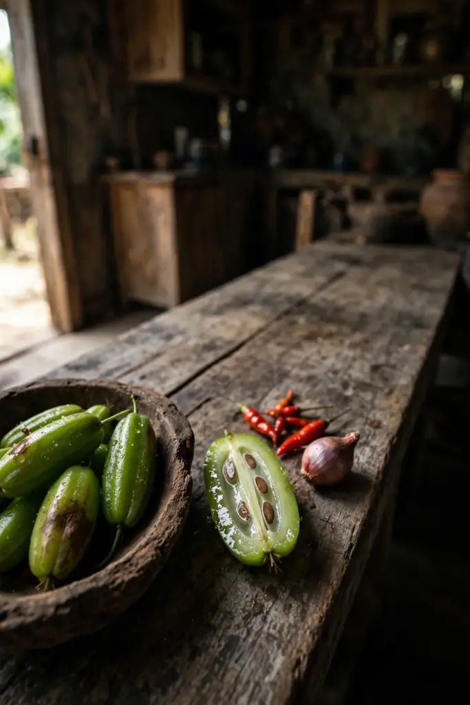 Wooden bowl of harvested bilimbi with chilies for sambal cooking