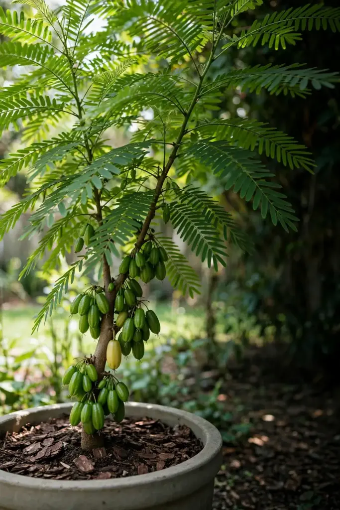 Container bilimbi tree with fruit clusters in a sunny garden