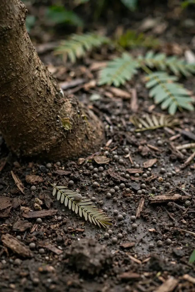 Balanced fertilizer granules scattered on soil at a bilimbi tree base