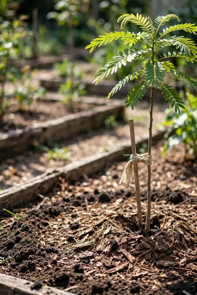 Young bilimbi tree in full sun with mulched well-drained soil