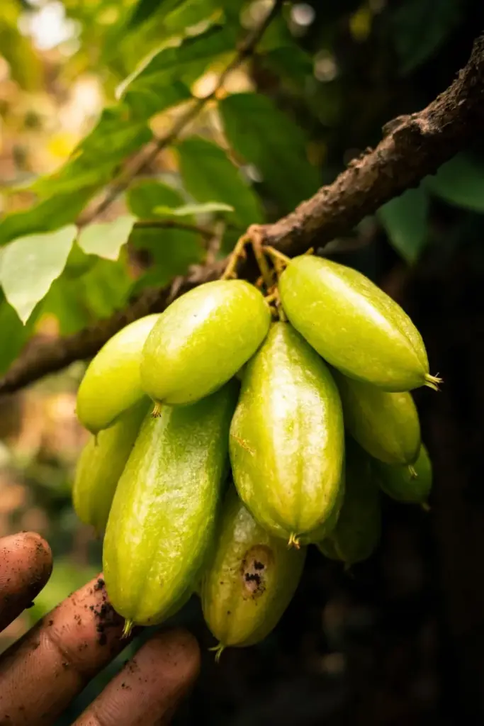 Hand cradling a cluster of ripe bilimbi fruit still on the trunk