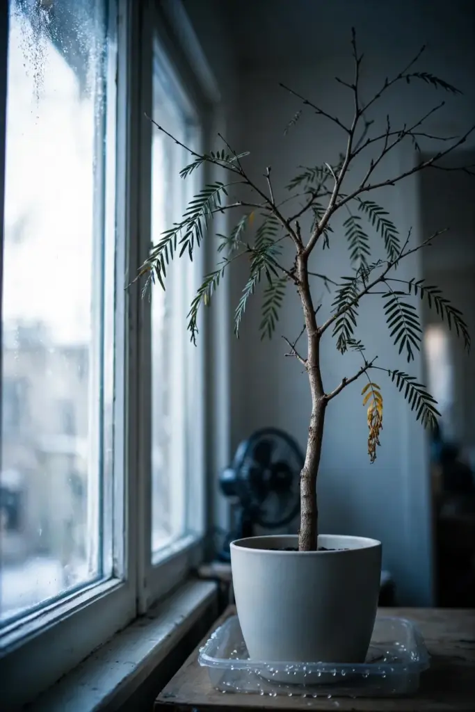 Potted bilimbi tree overwintering beside a bright indoor window