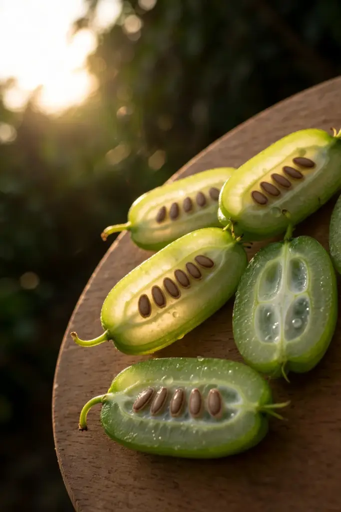 Sliced bilimbi fruit showing juicy flesh and flat brown seeds