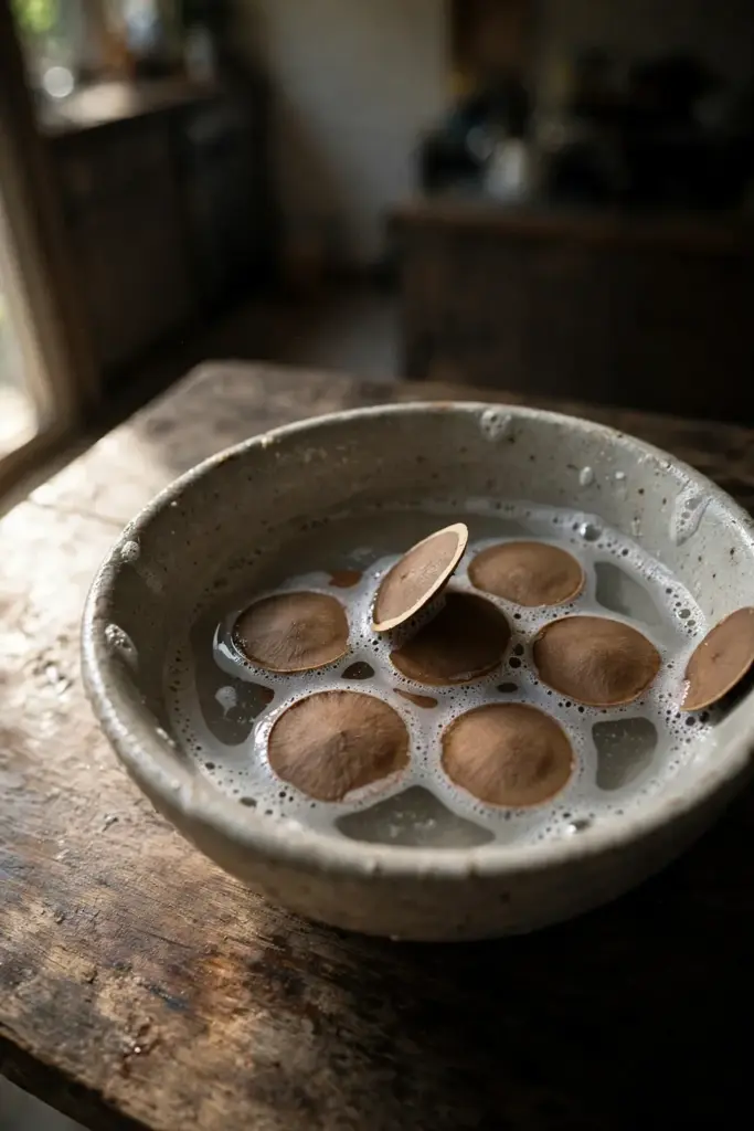Flat brown bilimbi seeds in a bowl of soapy water with suds