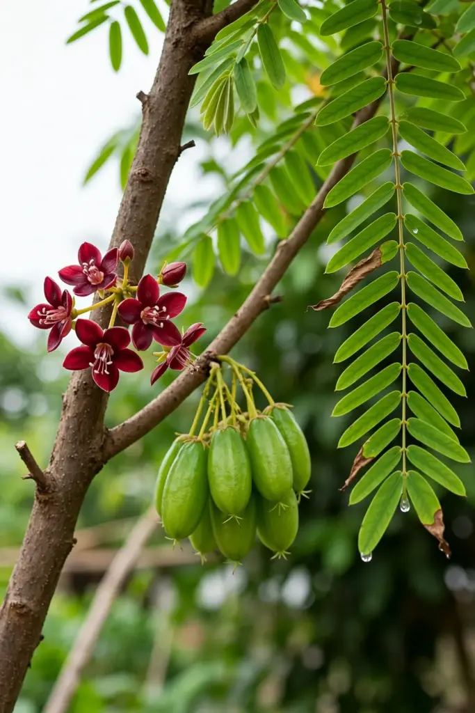Bilimbi trunk with red flower clusters, green fruit, and pinnate leaves