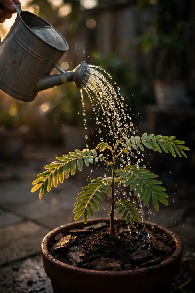 Hand tipping a watering can over a potted bilimbi at warm backlight