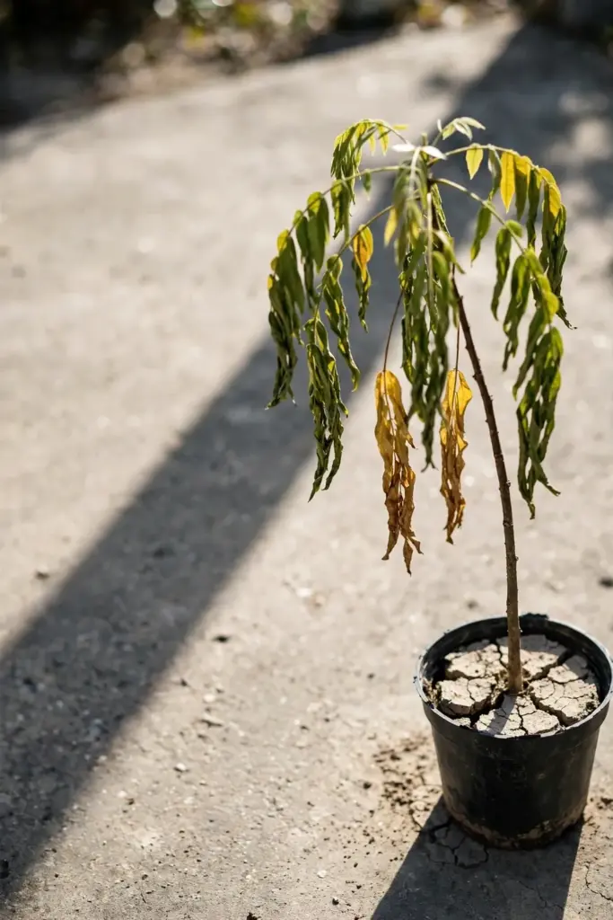 Young potted bilimbi with dry soil needing water