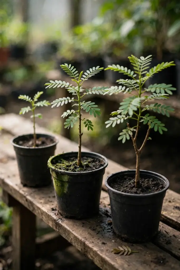 Young bilimbi saplings at successive growth stages in nursery pots