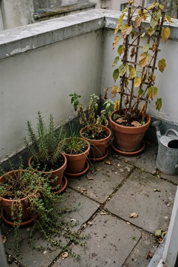 Balcony with several herb pots including a trellised Madeira vine