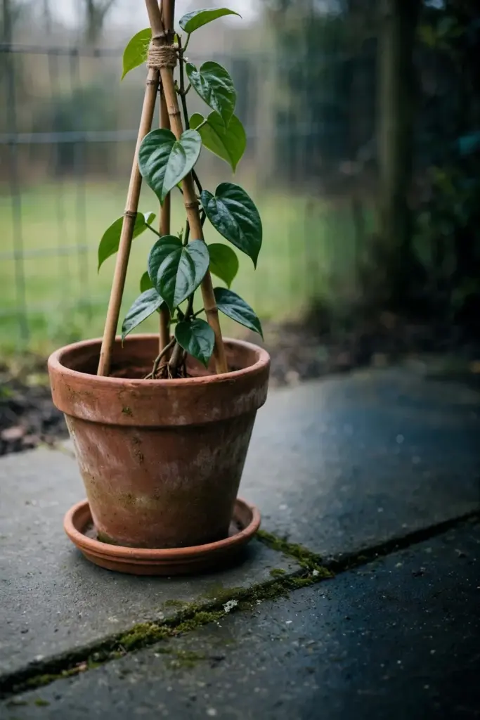 Madeira vine in a pot on a paving slab, saucer under it, away from soil