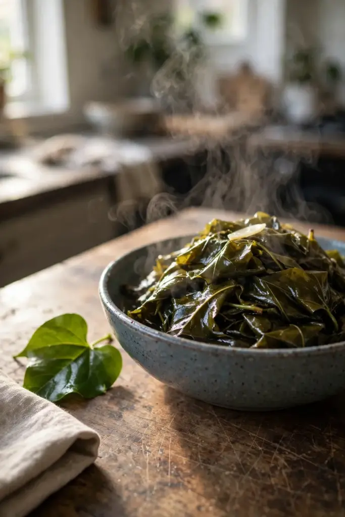 Bowl of cooked Madeira vine leaves with garlic on a wooden table