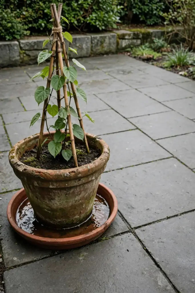 Heavy terracotta pot with deep saucer standing on a paving slab