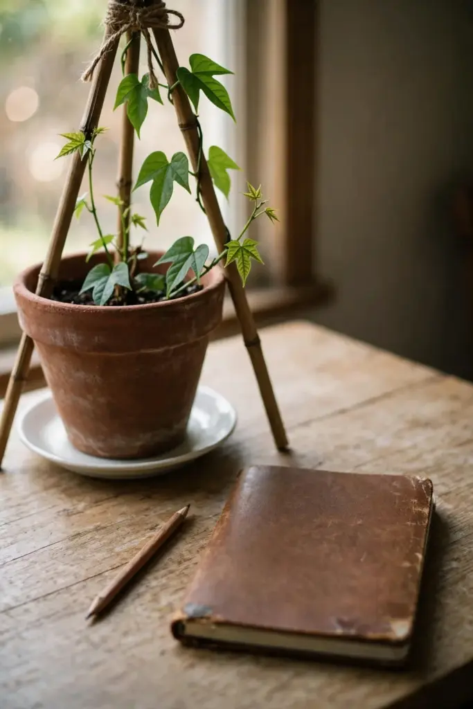 Closed notebook and pencil beside a potted Madeira vine