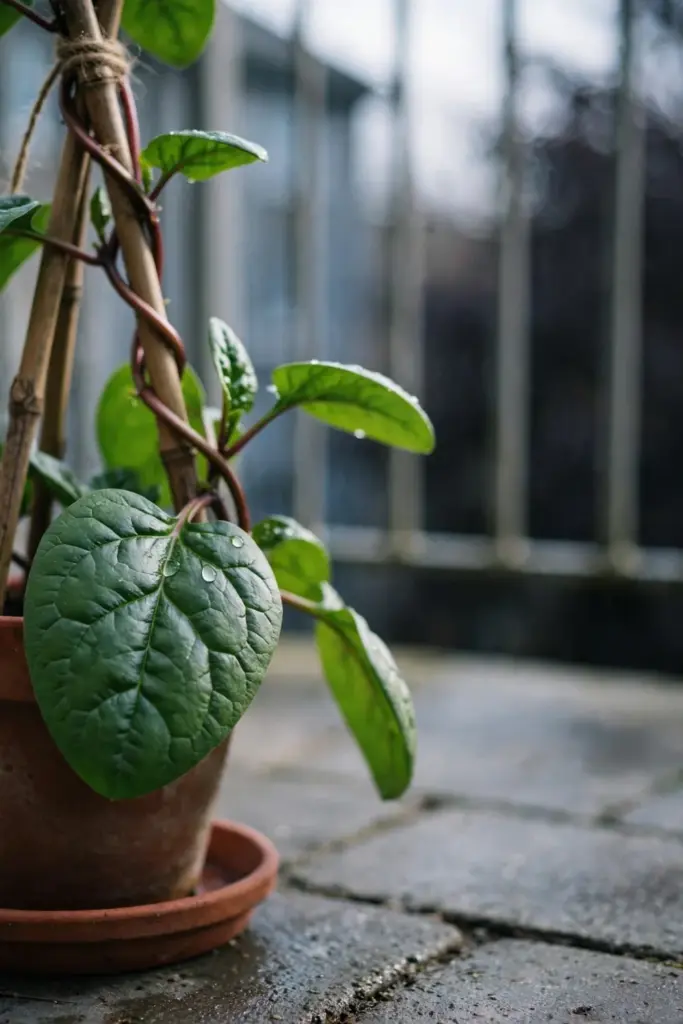 Malabar spinach vine with thick oval leaves and reddish stems in a pot