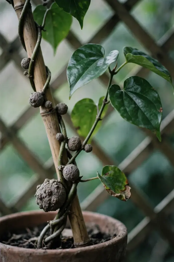 Potted Madeira vine stems showing aerial tubers along the nodes