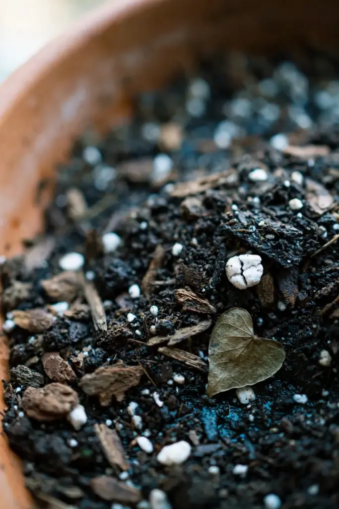 Potting mix surface with perlite specks and bark chips in a pot