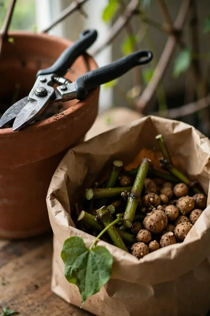 Pruning shears on a pot rim beside a paper bag of cuttings and tubers