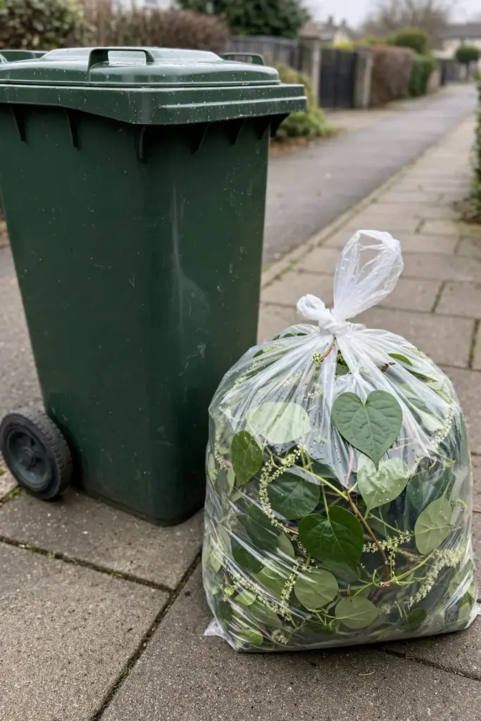 Tied bag of Madeira vine prunings beside a waste bin