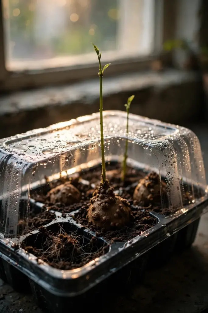 Tray of Madeira vine tubers sprouting under a clear lid indoors