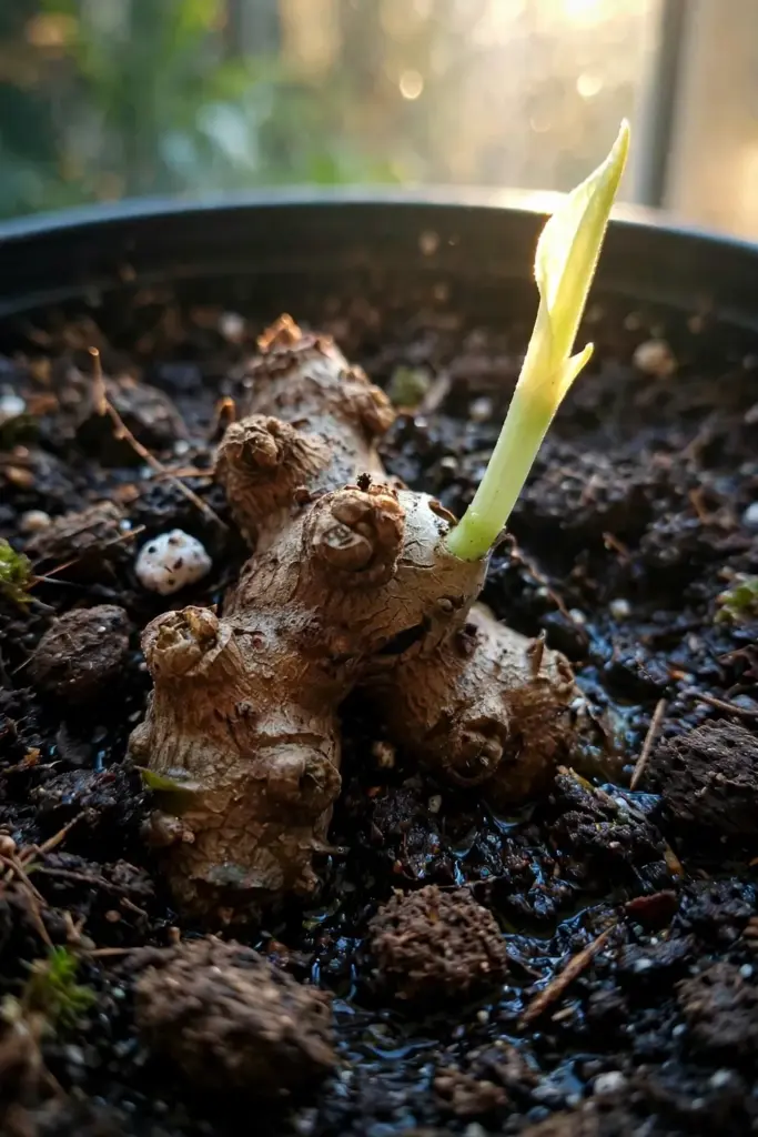 Madeira vine tuber half buried in mix with a fresh sprout emerging