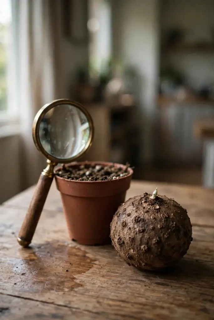 Single Madeira vine tuber beside its pot with a magnifying glass