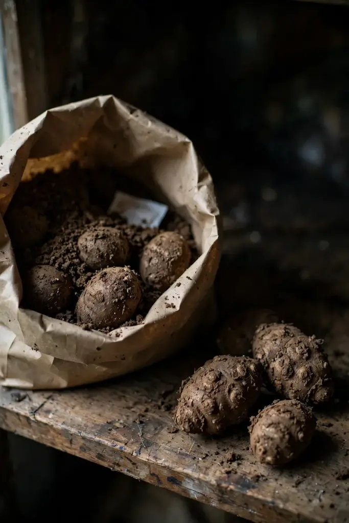 Madeira vine tubers stored in a paper bag with dry peat