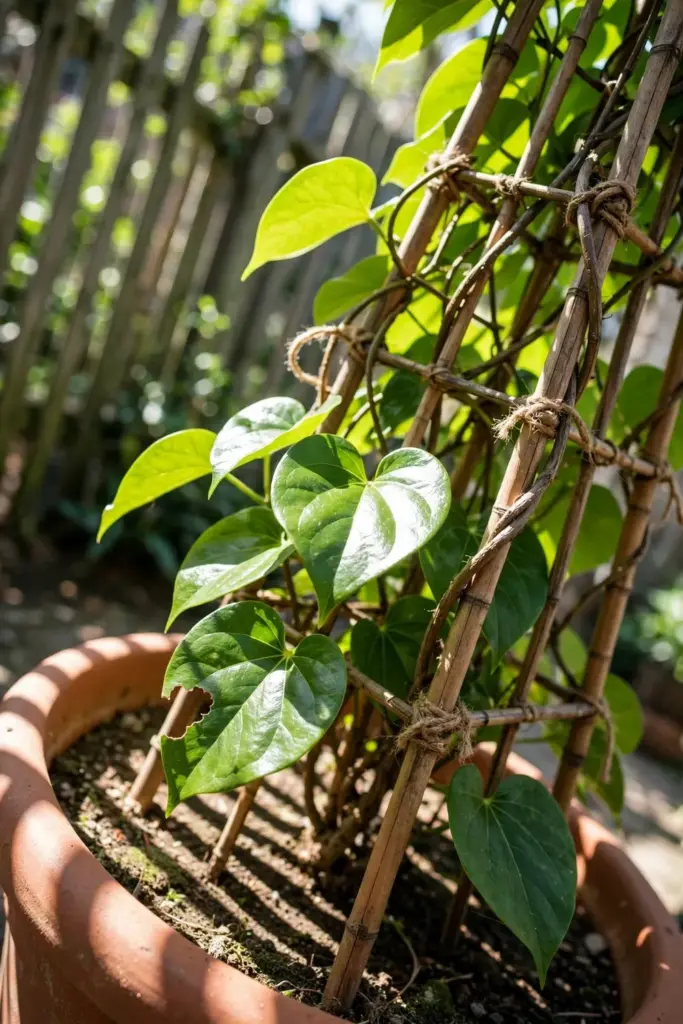 Madeira vine climbing a tall bamboo obelisk trellis in full sun