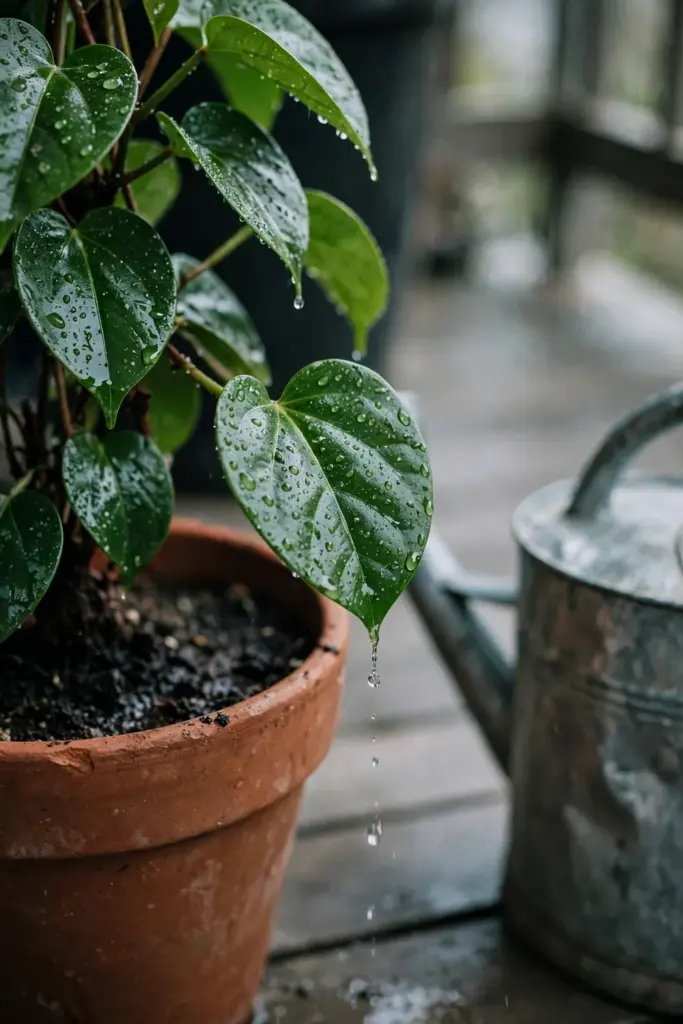 Metal watering can beside a potted Madeira vine with wet leaves