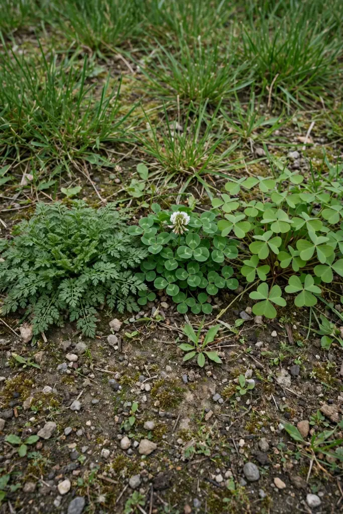 Bindii rosette beside clover and oxalis leaves for comparison