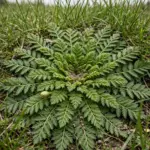 Flat bindii rosette with fern-like leaves growing in a lawn