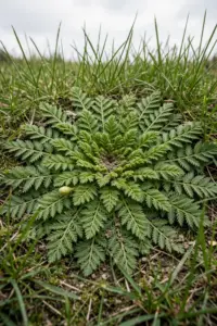 Flat bindii rosette with fern-like leaves growing in a lawn