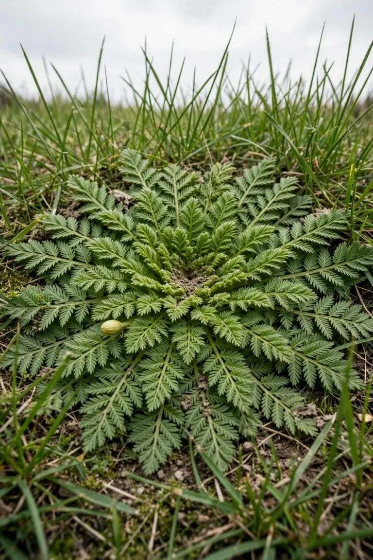 Flat bindii rosette with fern-like leaves growing in a lawn