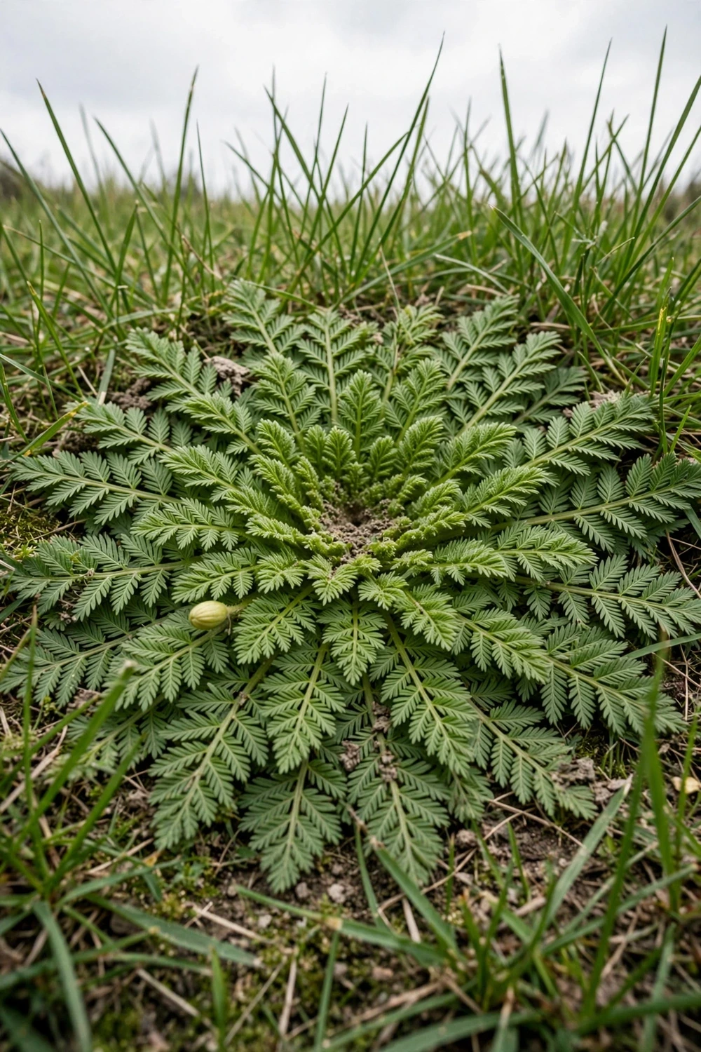 Flat bindii rosette with fern-like leaves growing in a lawn
